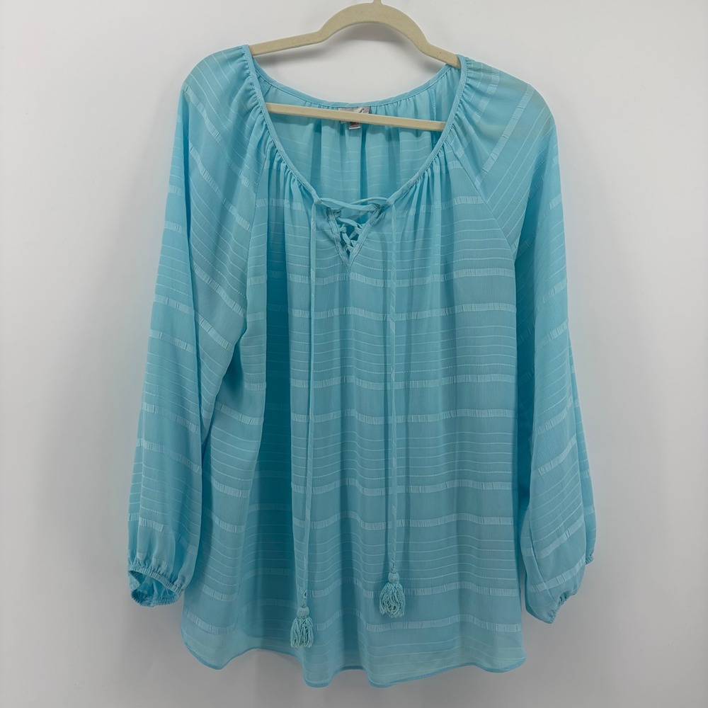 Avenue Turquoise Blue Sheer Striped Lace Up Tunic Top Plus‎ Size 14 16